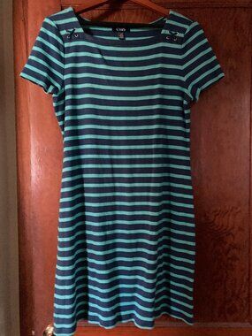 CHAPS T Shirt Dress Womens XL Green / Blue Striped Short Sleeve Cotton Boat Neck